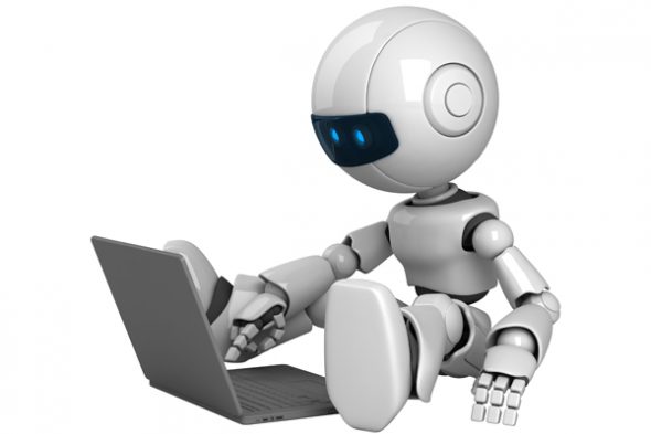 A cute robotic character sitting on the floor and using a laptop.