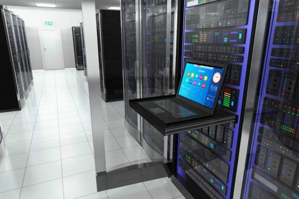 A sleek server room featuring rows of server racks