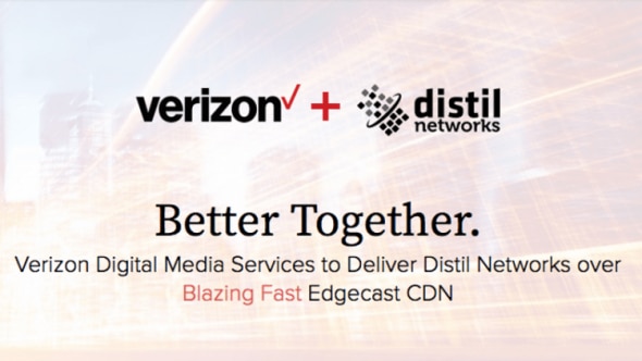 Verizon and Distil Networks partnership announcement with branding and slogan.