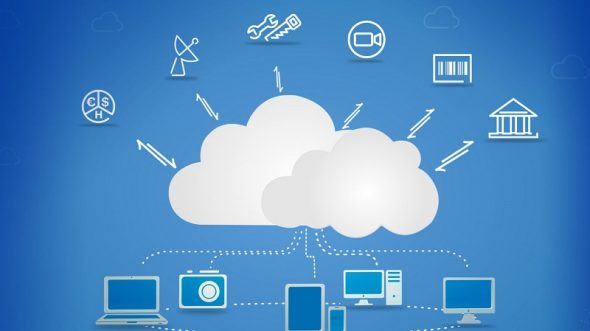 Digital devices connected to cloud service illustration on a blue background.