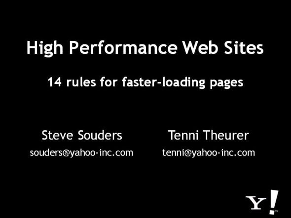 Presentation slide on high performance web sites with rules for faster loading.