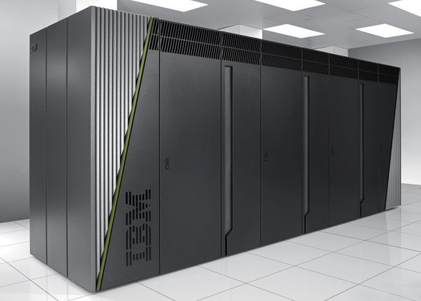 A sleek, modern IBM server system in a bright, minimalist environment.