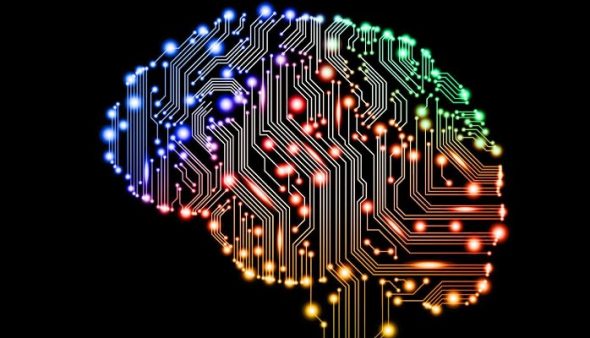 A stylized illustration of a brain designed with electronic circuit patterns and illuminated with colorful lights.