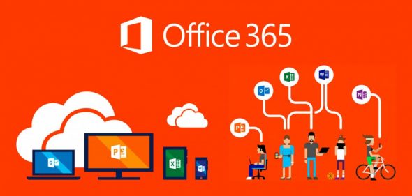 Illustration showcasing Office 365 with connected devices and cloud services.