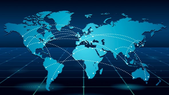 A digital world map showing connections with dotted lines across continents.