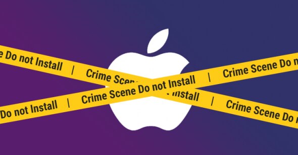 Graphic featuring the Apple logo crossed out with yellow crime scene tape stating 'Crime Scene Do not Install'.