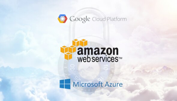 Logos of Google Cloud Platform,Amazon Web Services,and Microsoft Azure on a cloud-themed background with a padlock.