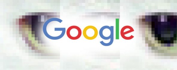 A pixelated image featuring the Google logo with stylized eyes on either side.