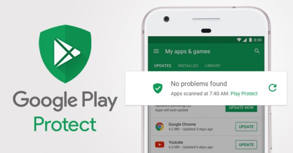 Google Play Protect app scan result showing no problems found.