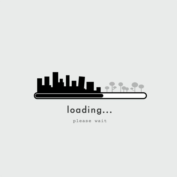 A loading animation featuring a city skyline silhouette with a progress bar and the text 'loading... please wait'.