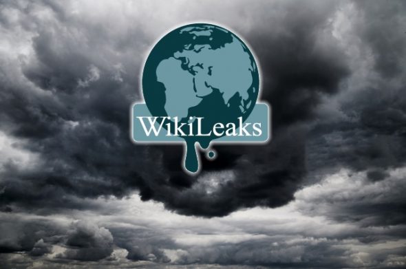 The WikiLeaks logo featuring a globe with dark clouds in the background.