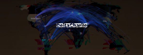 A world map with blue lines indicating routes,overlaid with the text 'DeltaCharlie'.