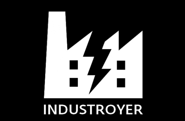 A stylized logo featuring a factory silhouette with a lightning bolt,accompanied by the text 'INDUSTROYER'.