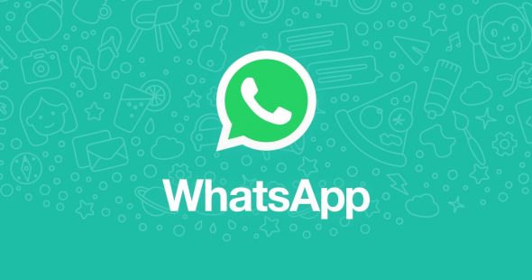 WhatsApp logo on a teal background with various icons in a repetitive pattern.