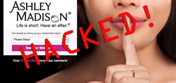 An image featuring the Ashley Madison logo with the word 'HACKED!' overlaid,showing a woman holding a finger to her lips.