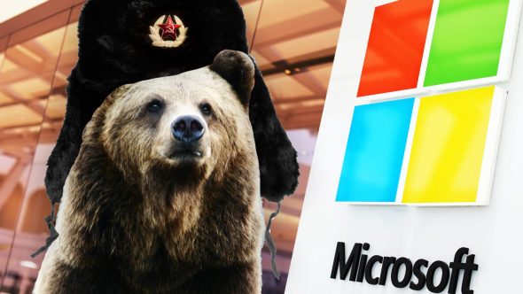 An edited image featuring a bear and a person in a fur hat with a Soviet emblem,placed beside the Microsoft logo.