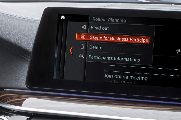 Close-up view of a car dashboard interface displaying the menu for Skype for Business participation and other options.