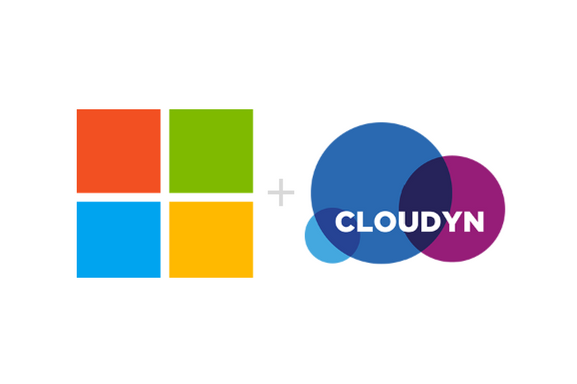 A graphic featuring the Microsoft logo combined with the Cloudyn logo,showcasing a partnership or collaboration.