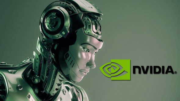 A futuristic robotic head with metallic features alongside the NVIDIA logo.