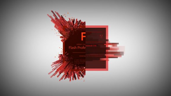 An abstract design featuring red splashes and geometric shapes,highlighting the logo and text of Flash Professional.