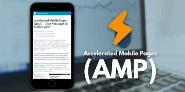 A smartphone displaying a webpage about Accelerated Mobile Pages (AMP) technology.