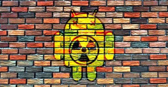 A colorful graffiti artwork of the Android mascot on a brick wall.