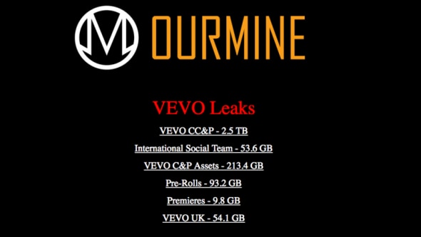 A black background with a list of VEVO data leaks and sizes.