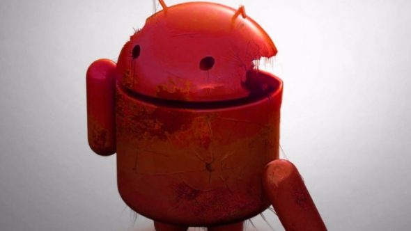 A stylized red android robot figure with a damaged appearance.