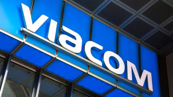 Signage of Viacom on a blue background.