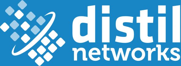 Logo of Distil Networks with a blue background and white text.