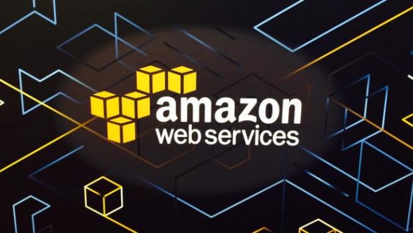 Logo of Amazon Web Services featuring the company name with geometric shapes in yellow and black on a dark background.