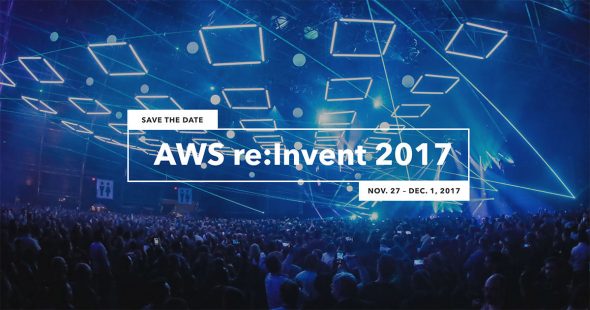 Promotional image for AWS re:Invent 2017,featuring a large crowd and a vibrant light display.