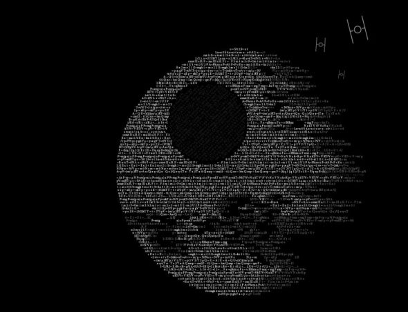 ASCII art of the Death Star with TIE fighters in a starry background.