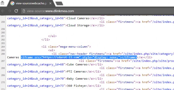 Screenshot of HTML source code displaying a list of camera categories and an iframe element.
