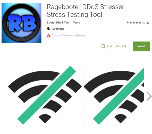 Screenshot of the Ragebooter DDoS Stresser app page,featuring the app's logo and download options.