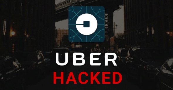 An image featuring the Uber logo with the word 'HACKED' prominently displayed in red,set against a backdrop of a city street.