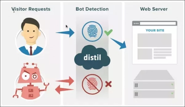 Flowchart illustrating visitor requests,bot detection process,and web server interaction.