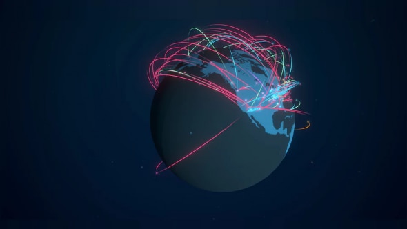 A stylized 3D representation of the Earth with colorful lines indicating global network connections.