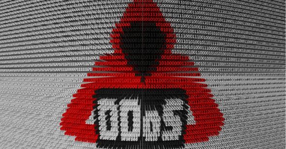 A digital representation of a hacker figure wearing a red hoodie,composed of binary code.