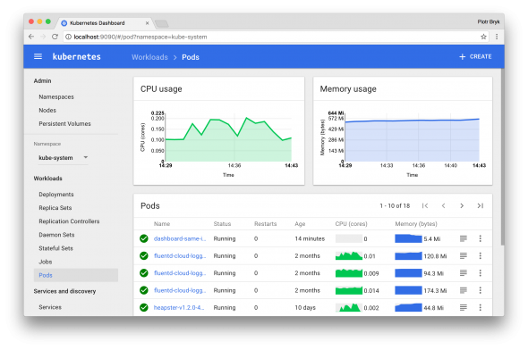 Screenshot of a Kubernetes dashboard displaying CPU and memory usage graphs,along with the status of various pods.