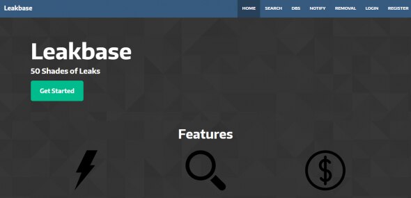 Screenshot of the Leakbase homepage featuring the title