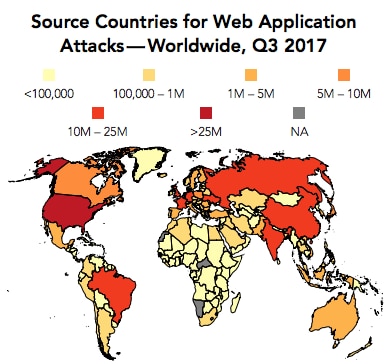 World map showing source countries for web application attacks in Q3 2017