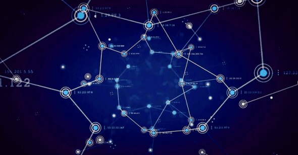 A digital network visualization with interconnected nodes and data points on a dark blue background.