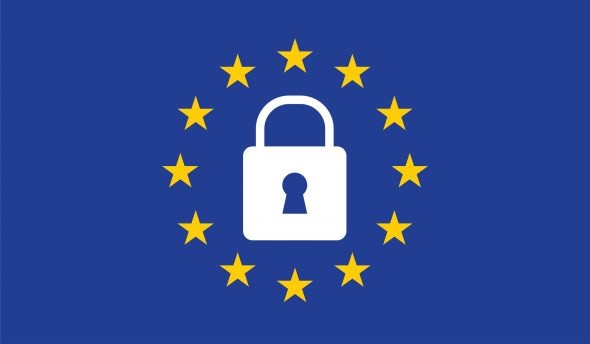 European Union flag featuring a white padlock in the center,surrounded by a circle of stars.