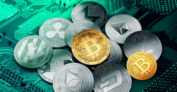 A variety of cryptocurrency coins arranged on a digital circuit background,featuring Bitcoin prominently.