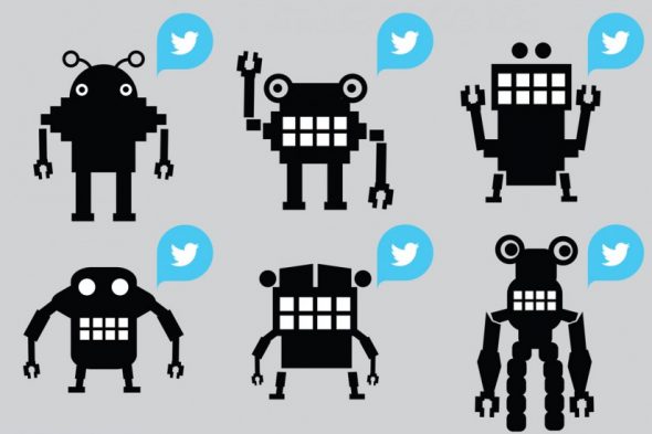 Various stylized robot icons with Twitter speech bubbles.