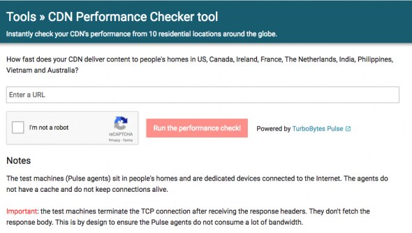 Interface of a CDN performance checker tool with a URL input and test notes.