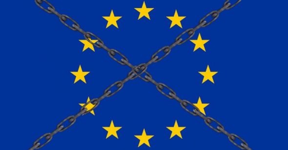 The European Union flag with chains overlapping it