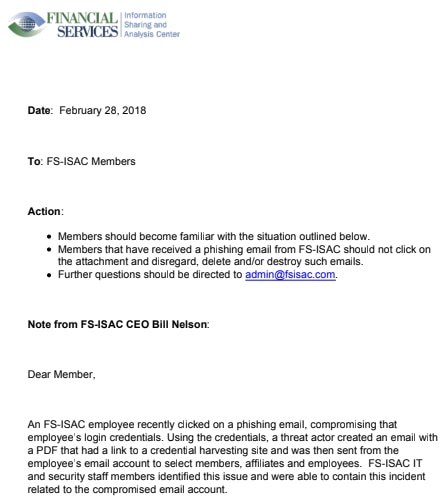 Notice from FS-ISAC advising members about a phishing email threat.