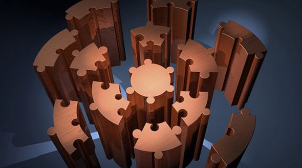 A 3D rendering of interconnected wooden puzzle pieces arranged in a circular pattern.